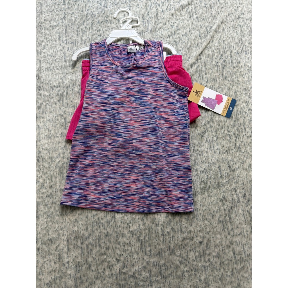 ZeroXposur Girls 2PC Active Set Back Knot Tank Top Shorts Pink Space Dye 6/7‎